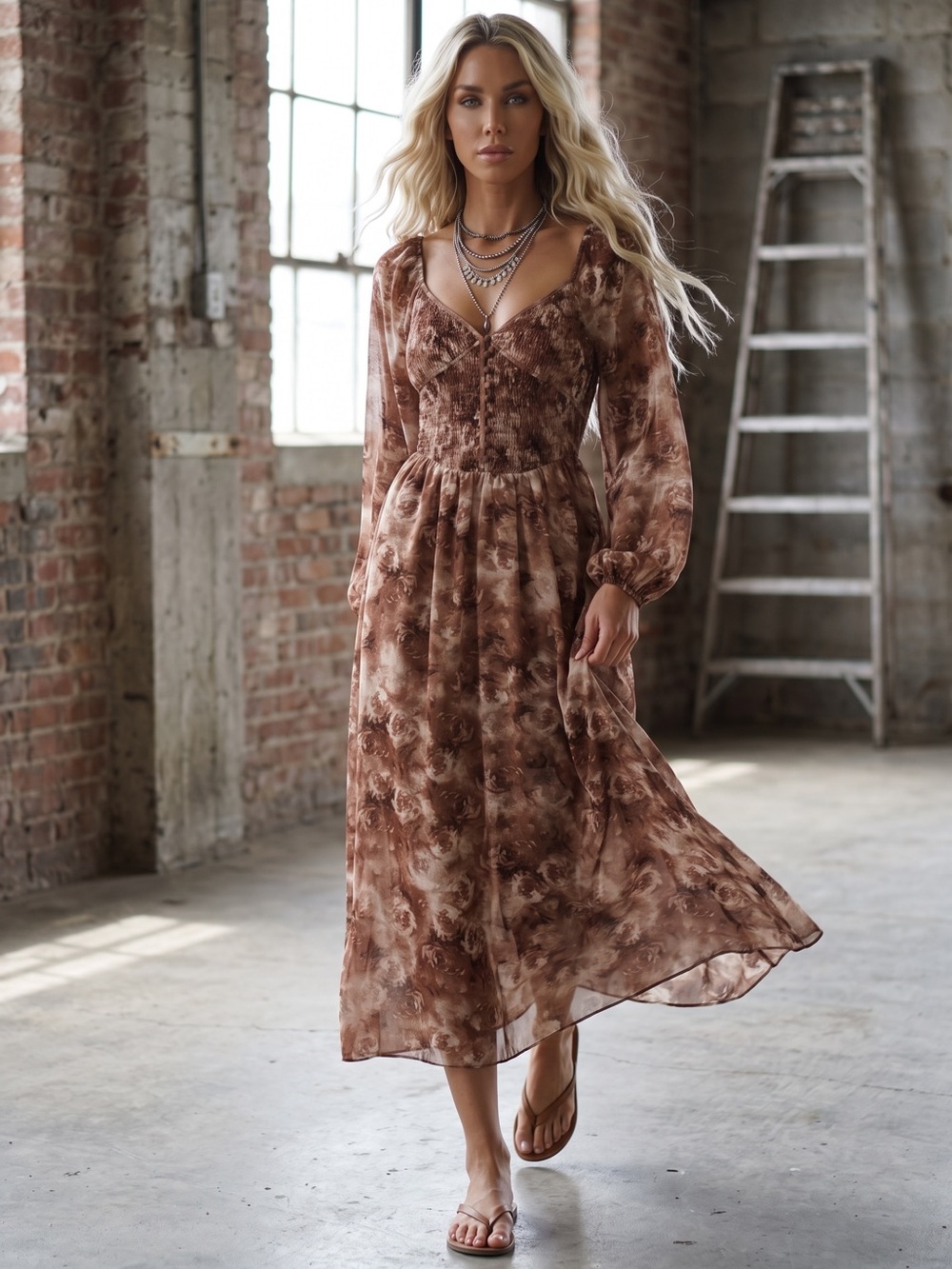 NWT Promesa Sweetheart Smocked Button Boho Floral Midi Maxi Dress - Picture 2 of 8